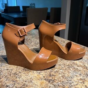 Melissa Cognac Brown Peep Toe Wedges - Size 8